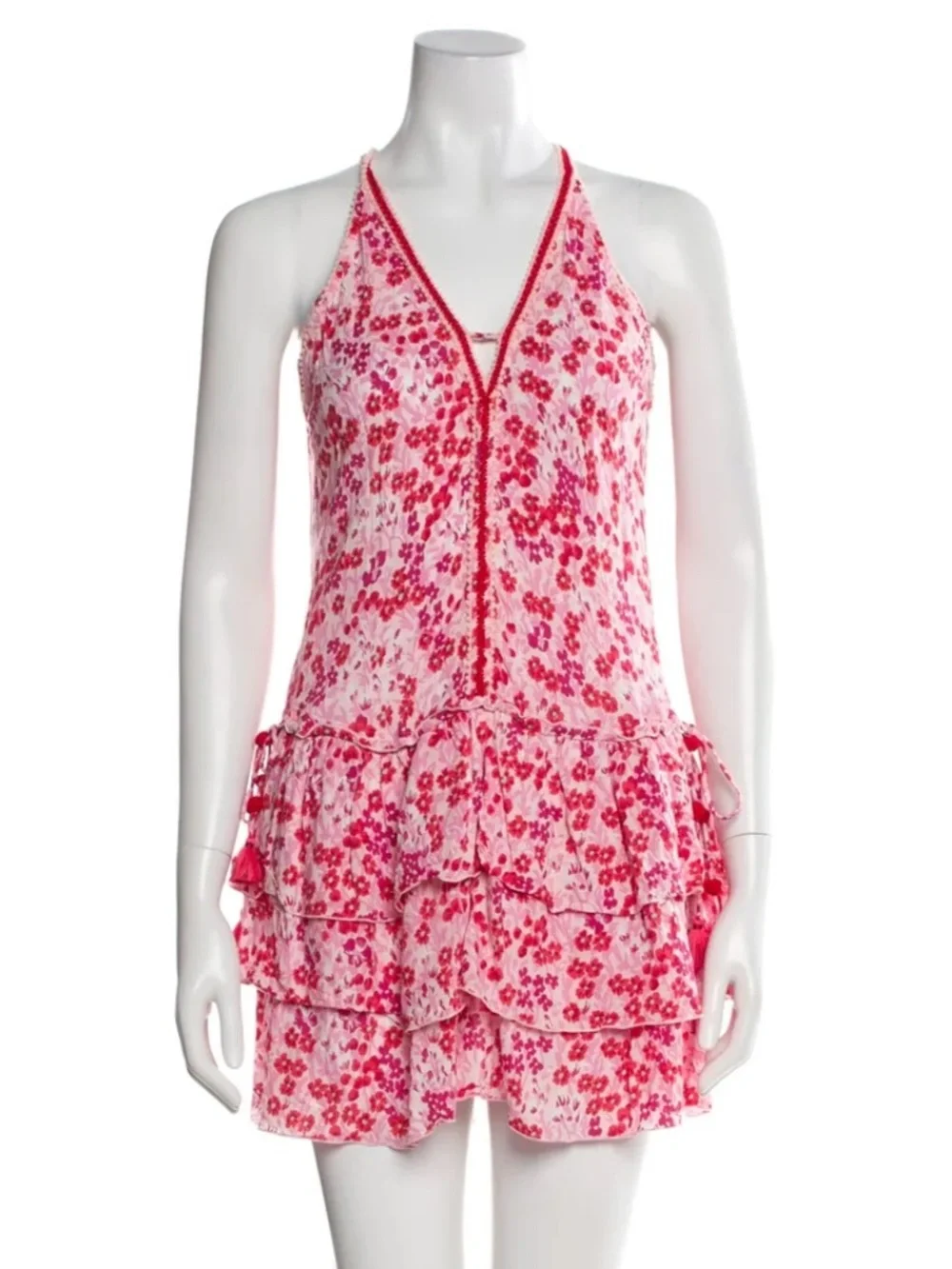 NWT POUPETTE ST BARTH BETY MINI DRESS VISCOSE PINK DAFFODIL FLORAL RUFFLE TASSLE - Picture 2 of 2